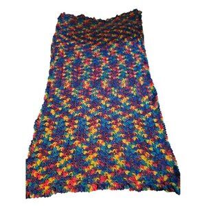 Vintage Handmade Colorful Knit Throw Blanket Pink Yellow Blue